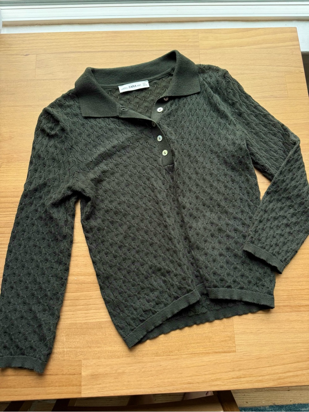 Zara Dark Olive Forest Green Polo Knit Sweater Semi-Sheer Lightweight Academia